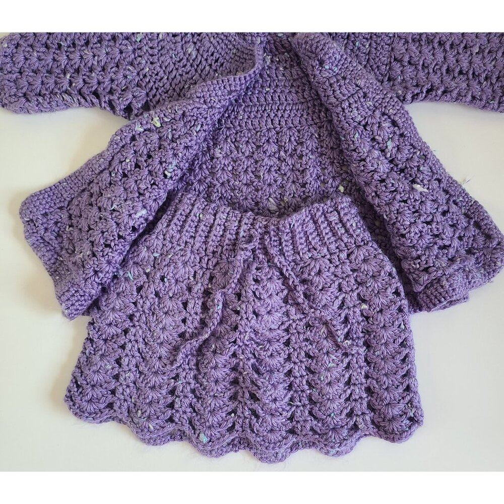 Crochet Baby Cardigan & Skirt Set Purple Size 18 months - 2T Handmade - Picture 2 of 11